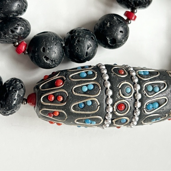 Statement Black Lava Bead Turquoise Coral Necklace - Picture 7 of 13